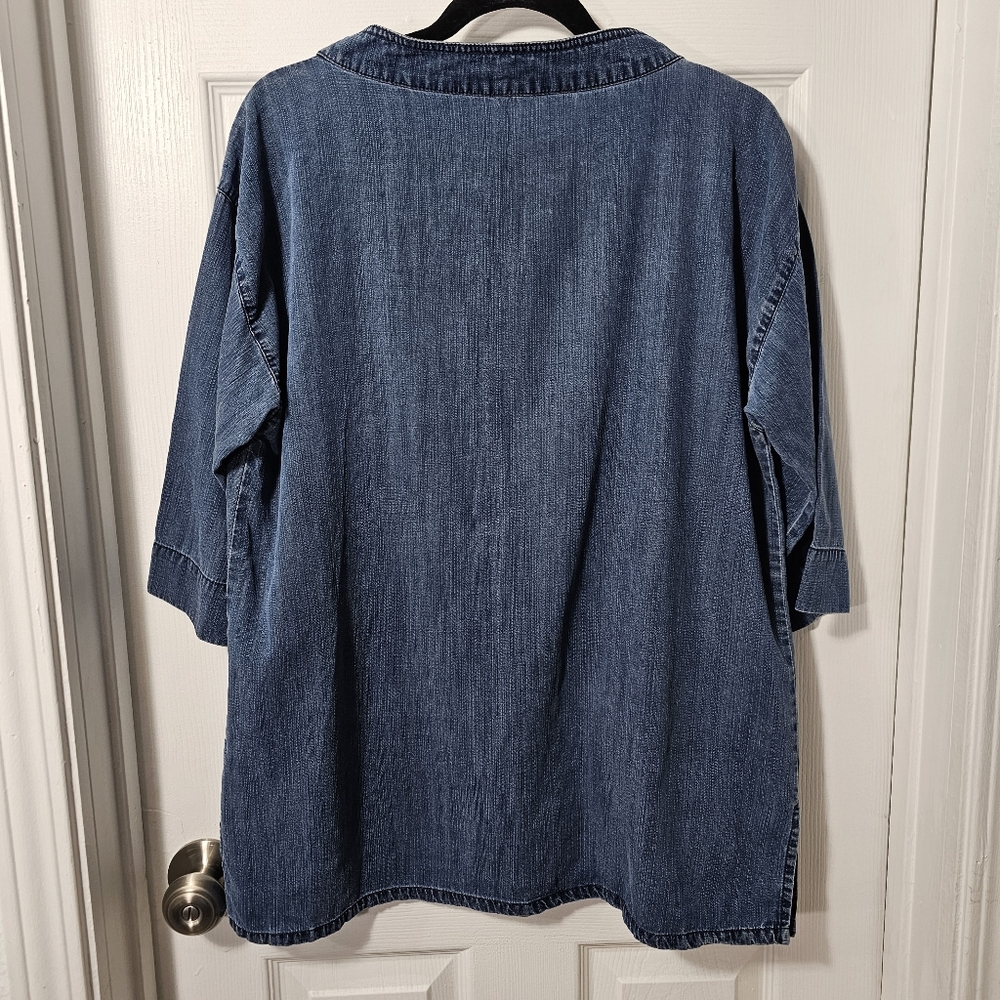 EILEEN FISHER Size Small Blue Boatneck Denim 3/4 Sleeve Top With Pockets - Picture 13 of 16